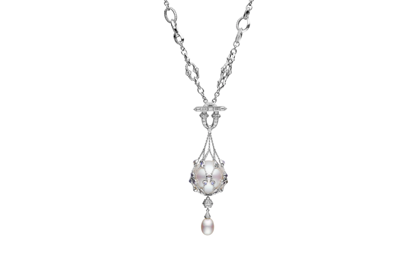 Paspaley Moonstone Anchored Lavalier pearl necklace with an 8mm Keshi baroque Australian South Sea pearl, white diamonds and rainbow moonstone in 18k white gold 