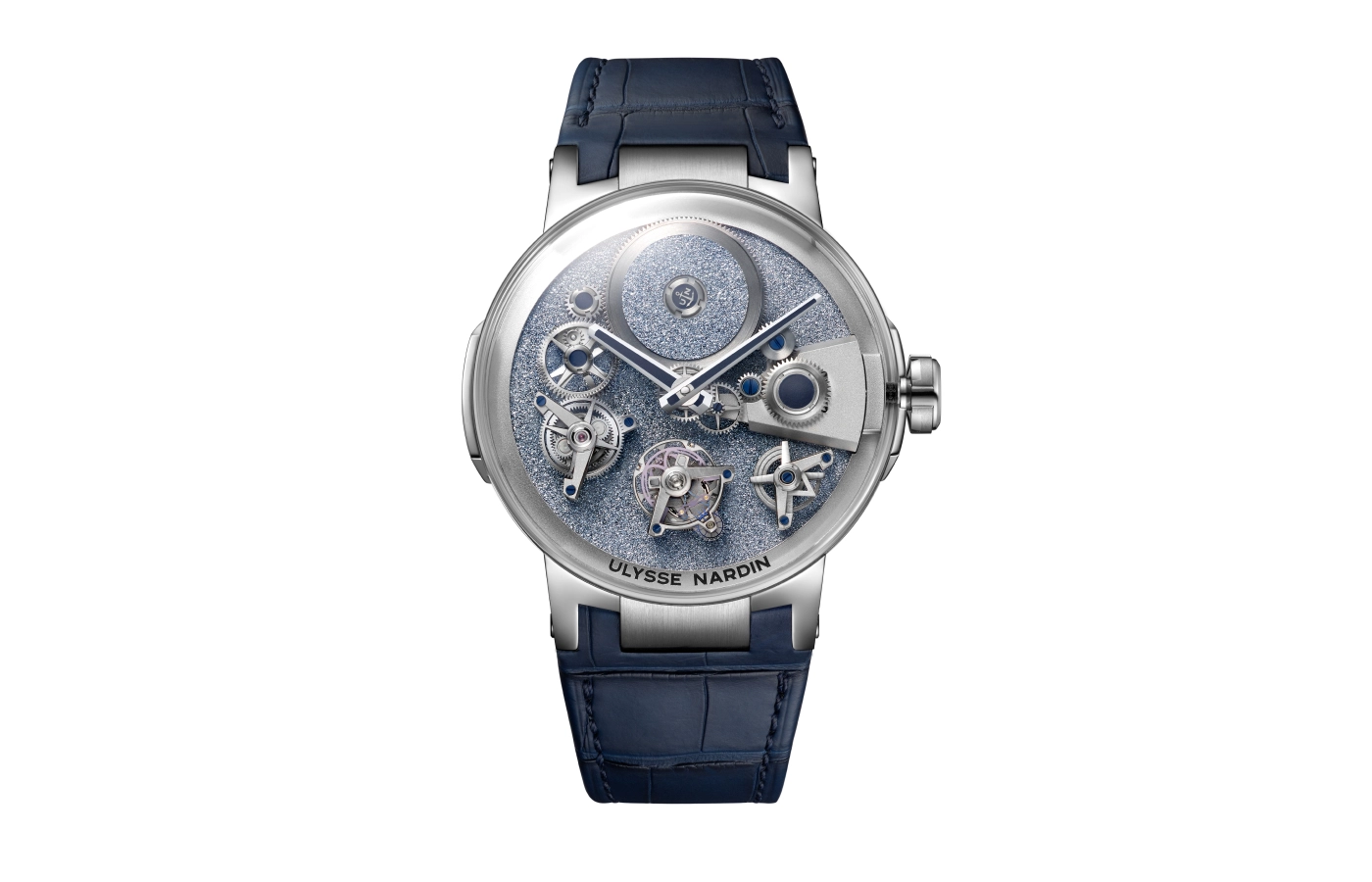 Ulysse Nardin Executive Tourbillon Free Wheel Osmium watch with an osmium dial, white gold case, sapphire crystal glass and a blue alligator leather strap