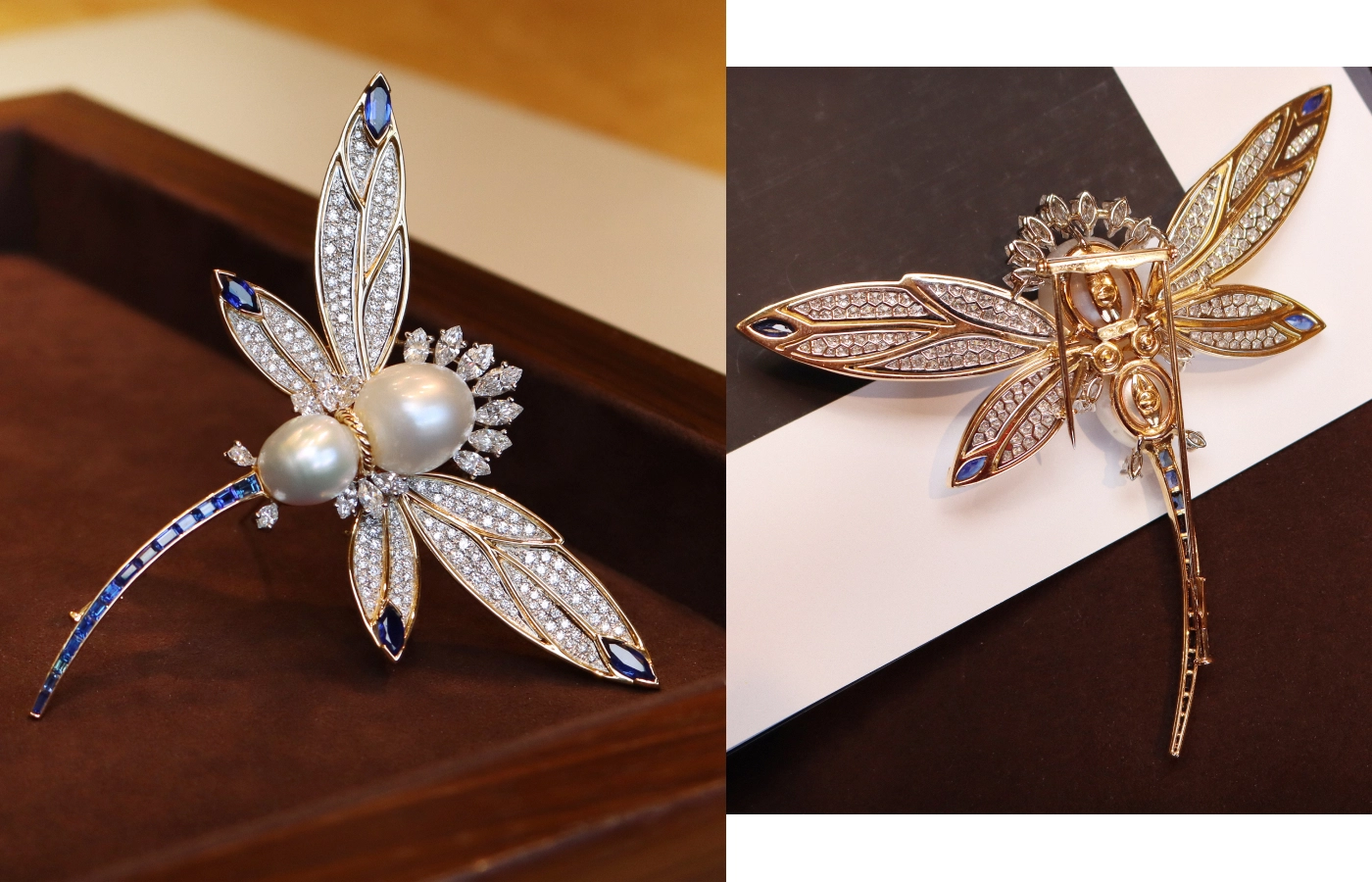 Fratelli Piccini Dragonfly brooch, crafted with intricate front and back detailing, with diamonds, sapphires, and pearls set in 18k yellow gold