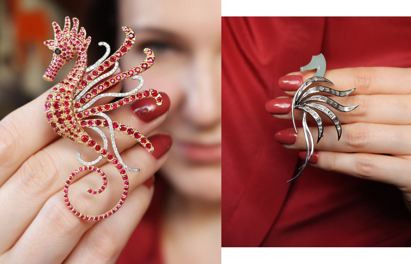 Katerina Perez holds Fratelli Piccini Seahorse brooches: Magda (left), featuring rubies and diamonds, and Charles (right), with milky aquamarine and diamonds in 18k yellow and white gold, respectively