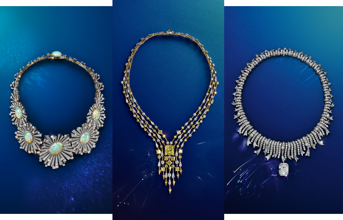 Three Jean Schlumberger-inspired jewels from the Céleste chapters of Blue Book 2024: the Star Burst crystal opal necklace; the Arrow Fancy Intense yellow diamond necklace; and the Shooting Star transformable diamond necklace