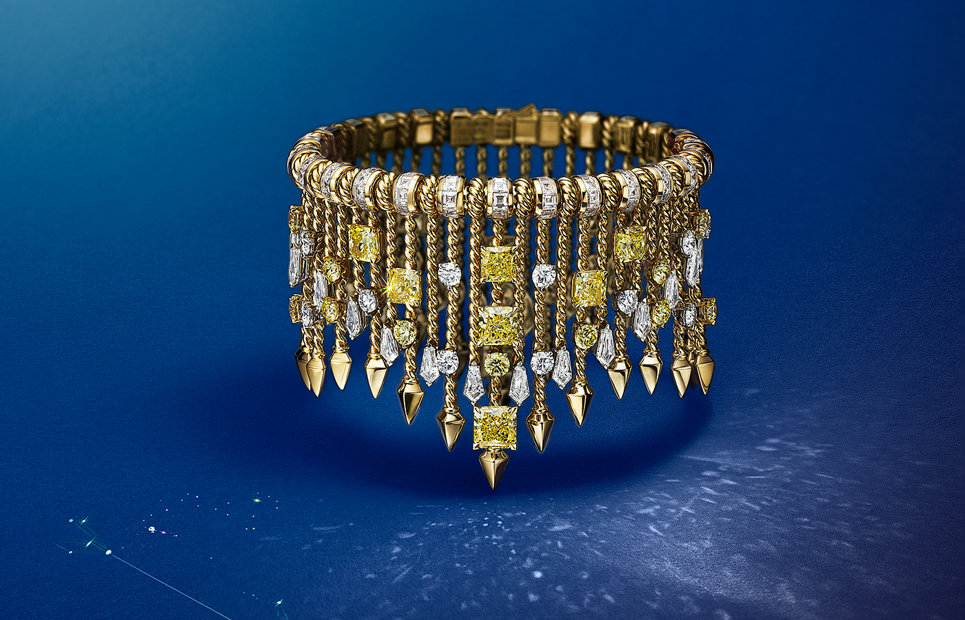 The trove of new Blue Book jewels includes this fancy intense yellow diamond Arrow bracelet, inspired by a Schlumberger clip discovered in Tiffany’s archives