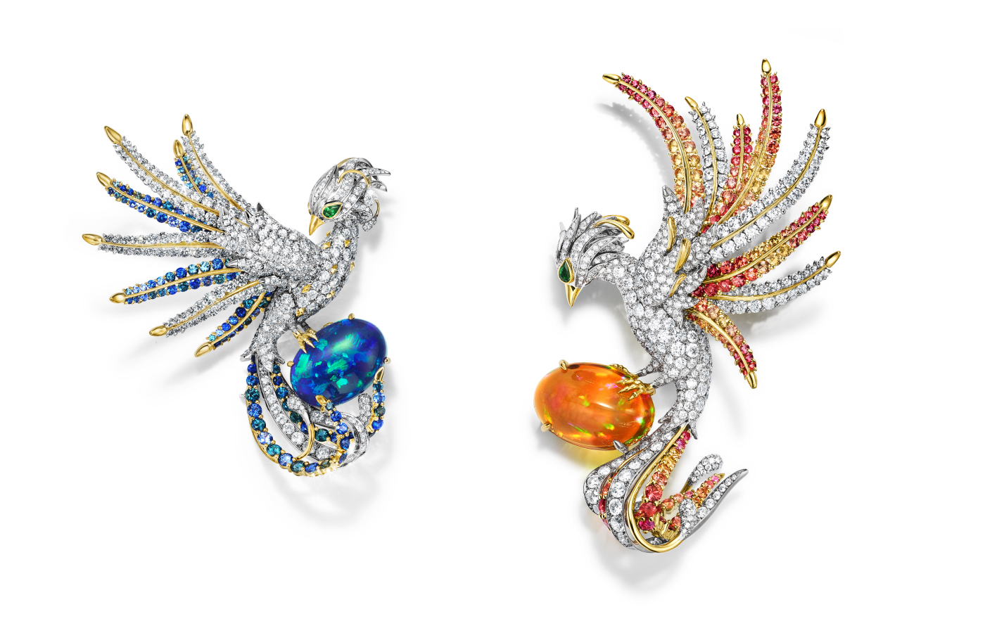 Two fiery interpretations of the mythical phoenix from Tiffany’s Blue Book 2024, set with a black opal and fire opal, each more than 28 carats 