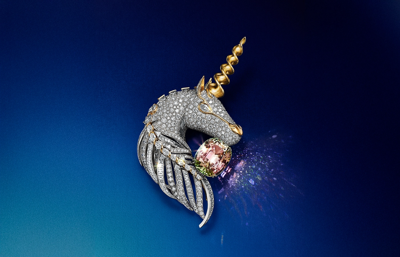 Tiffany Céleste Unicorn brooch, set with a bicolour tourmaline of over 25 carats and diamonds in platinum and 18k yellow gold, from the Blue Book 2024