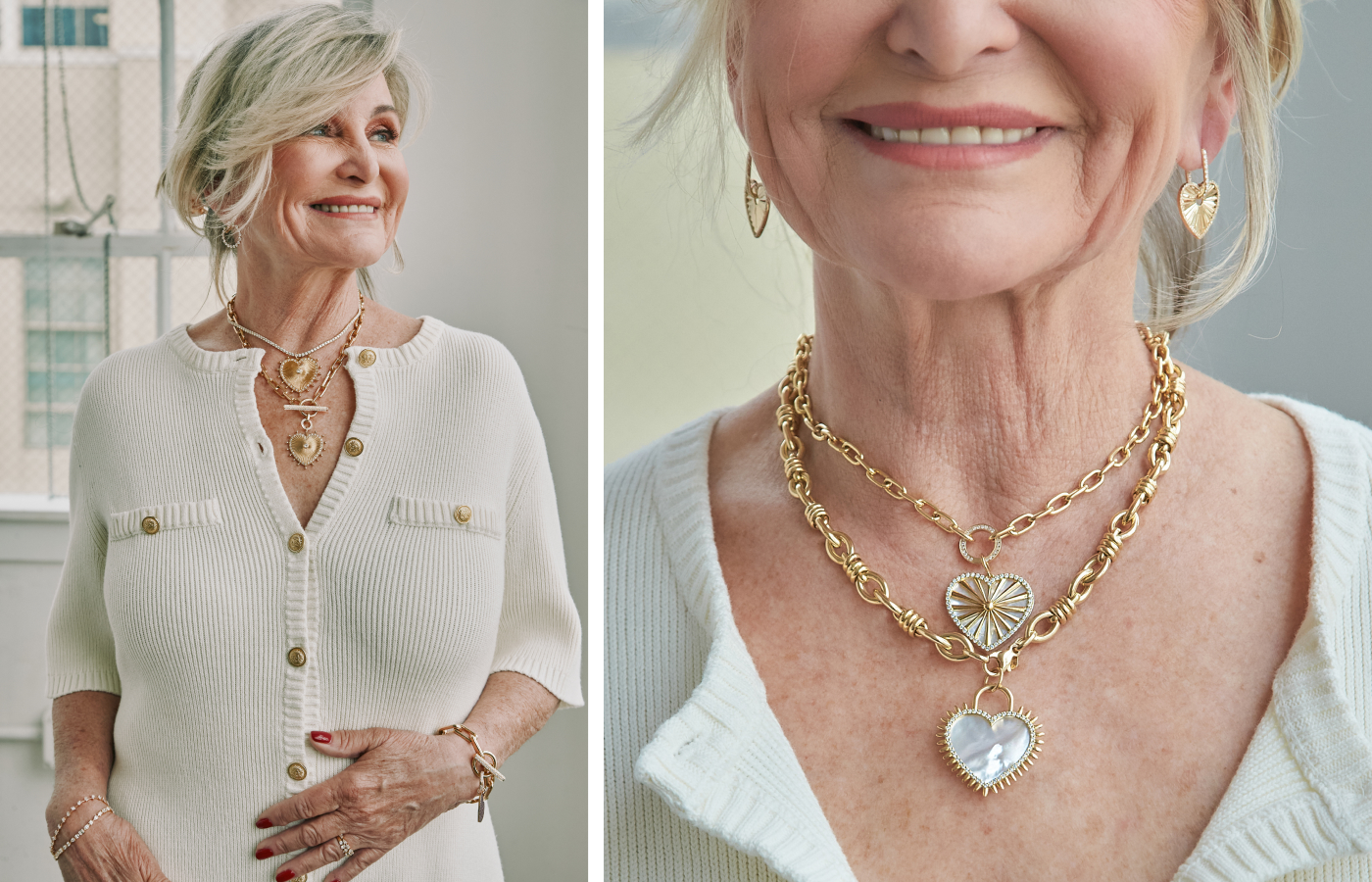 A model wears 14k yellow gold and diamond jewellery by Lionheart including the Cassandane Mega Diamond Heart Medallion and the Mon Amour Diamond Fluted Heart Dangle Huggies