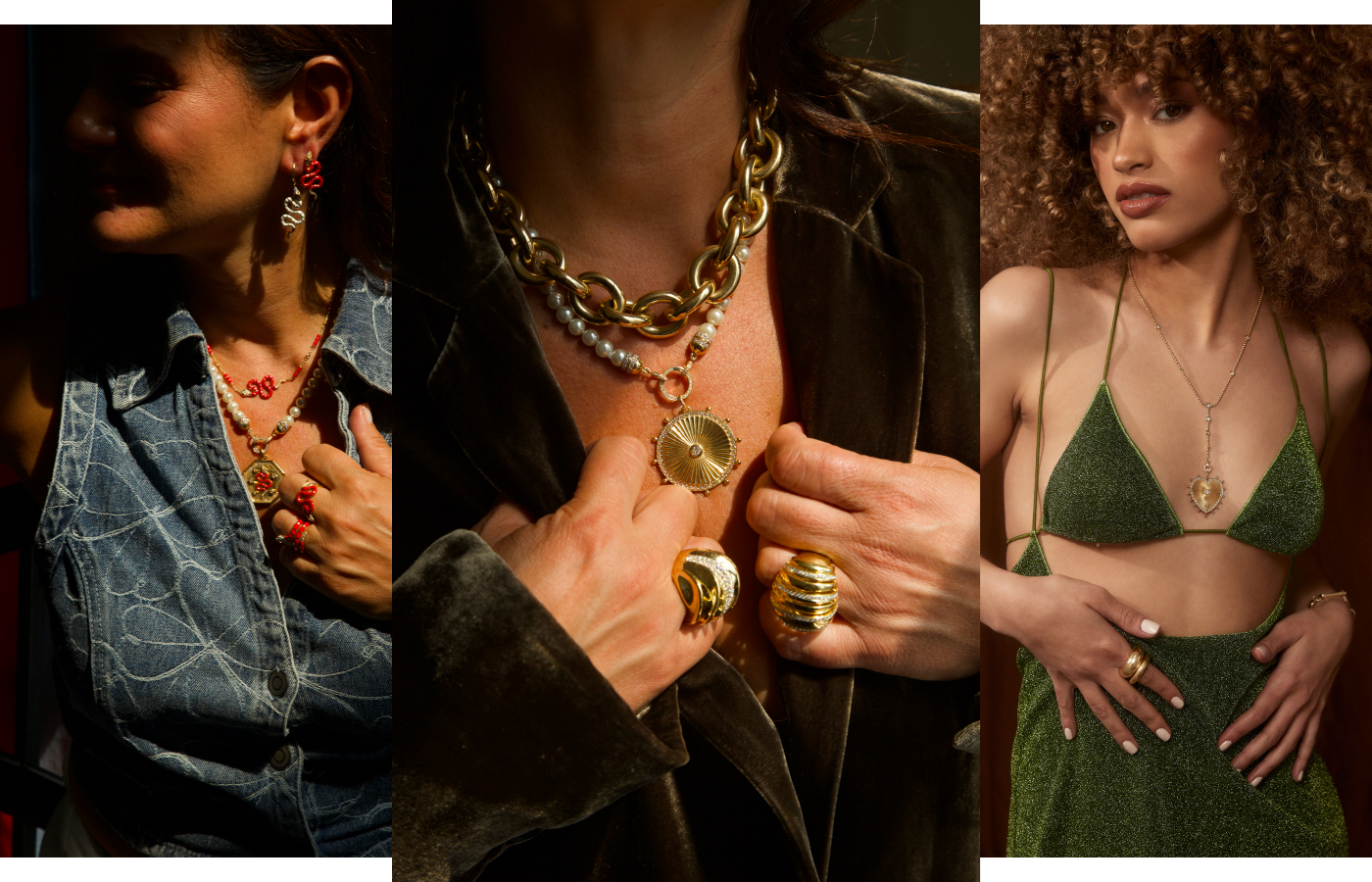 Models wear creations by Lionheart, including the Nouvelle collection (left), the Cassandane Diamond Sun Medallion (centre) and the Cassandane Diamond Heart Medallion (right), all in yellow gold 