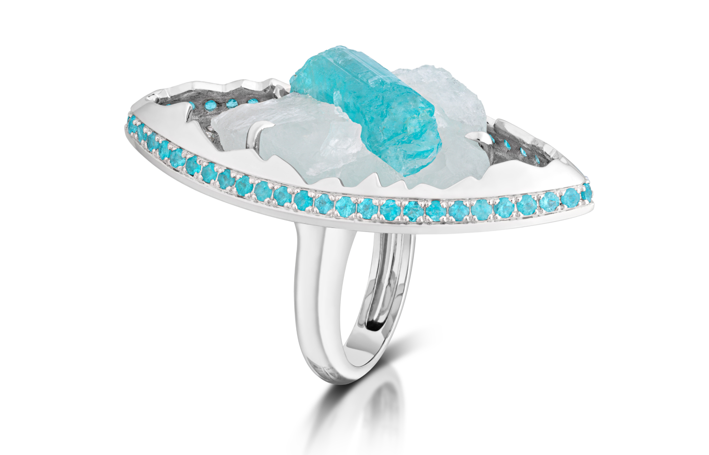 Susana Grau Batlle Evolution through Form ‘Form 1’ ring with a 19.05 carat Paraiba tourmaline in its quartz matrix, further Paraiba tourmalines, brilliant-cut diamonds and rose-cut diamonds set in 18k white gold and platinum, part of the A Trilogy of Evolution High Jewellery collection