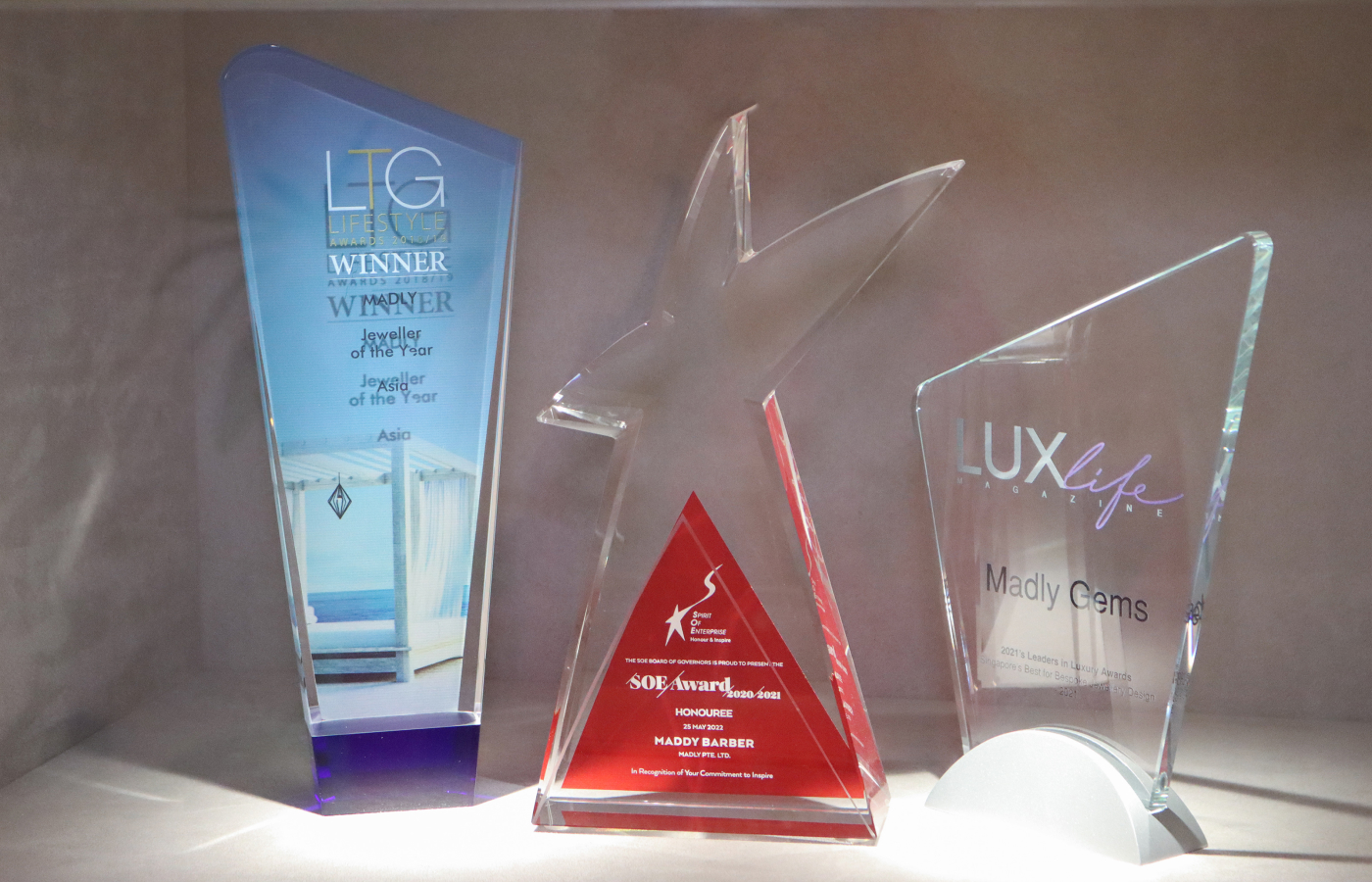 Awards won by MADLY and its founder Maddy Barber on display in Singapore