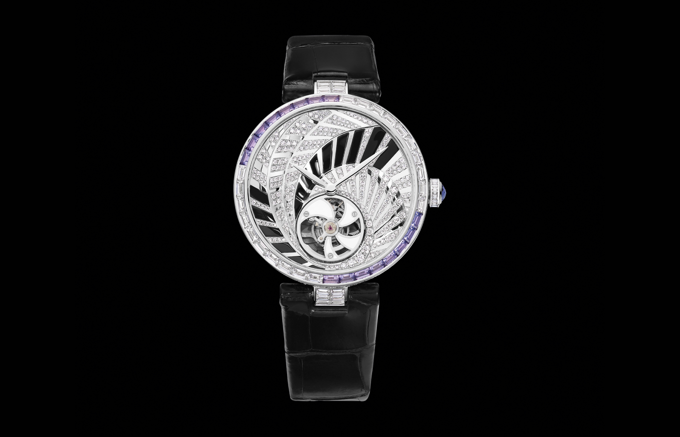 The Chaumet Swing watch with diamonds, lilac sapphires and oblong cuts of onyx 