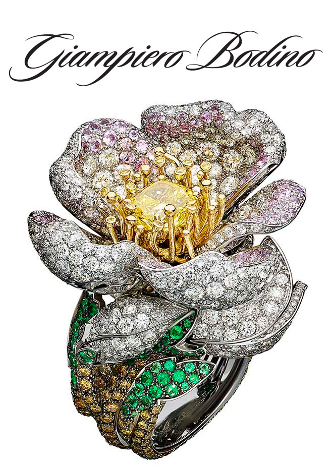 Giampiero Bodino Primavera ring with white, grey, yellow and cognac diamonds, pink sapphires and emeralds set in white and yellow gold