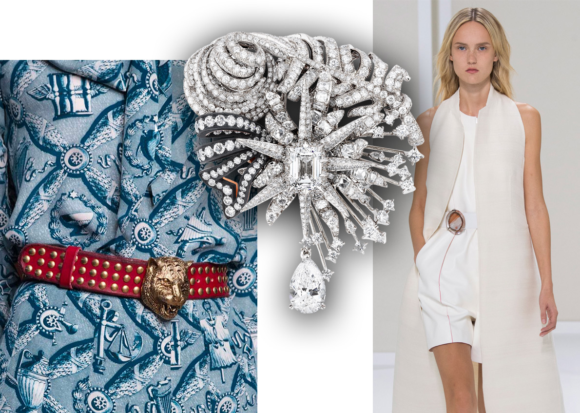 Gucci catwalk, Dior a Versailles brooch with diamonds, Hermes catwalk