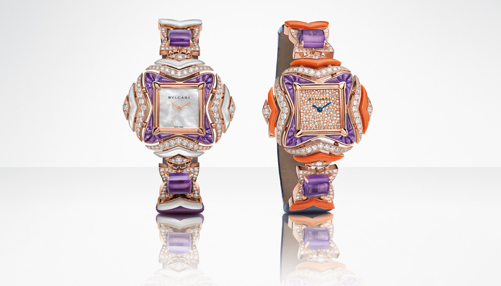 Bulgari Geometry of Time watches in gold with mother of pearl, diamonds, amethysts and coral
