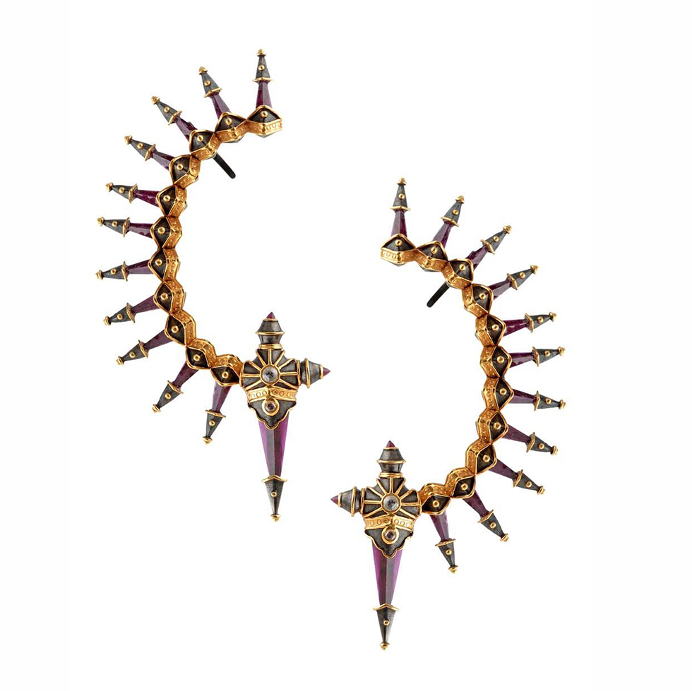Amrapali Dark Maharadja ear cuffs with rubies and diamonds set in yellow gold