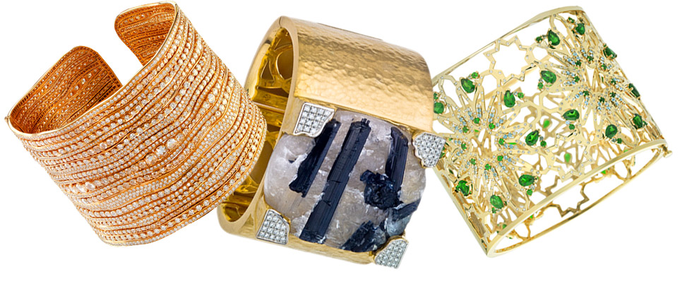 From left to right: Etho Maria rose gold and diamonds cuff; Jorge Adeler gold cuff with a raw tourmaline and diamonds; Octium 18k yellow gold Interlocking cuff with light blue topaz, chrome diopside and diamonds