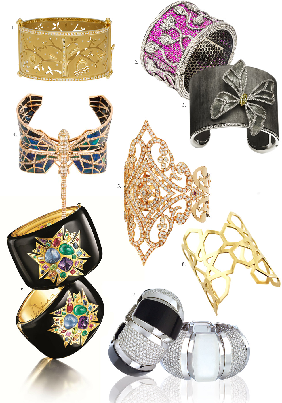 1. Temple St.Clair yellow gold and diamonds cuff; 2. Amrapali pink sapphire and diamond bracelet; 3. DOME carbon fiber set in white gold and diamond cuff; 4. NUUN Dragonfly bracelet with carved opal and diamonds set in rose gold; 5. Dori Mouzannar for A&W Mouzannar diamond bracelet set in rose gold; 6. Verdura Theodora cuffs in 18k gold with enamel and multi-coloured gemstones; 7. Hammerman Brothers cuffs with frosted quartz, onyx and diamonds set in white gold; 8. Ralph Masri 18K yellow gold Arabesque Deco cuff