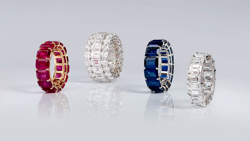 Bayco eternity rings with sapphires, rubies and diamonds