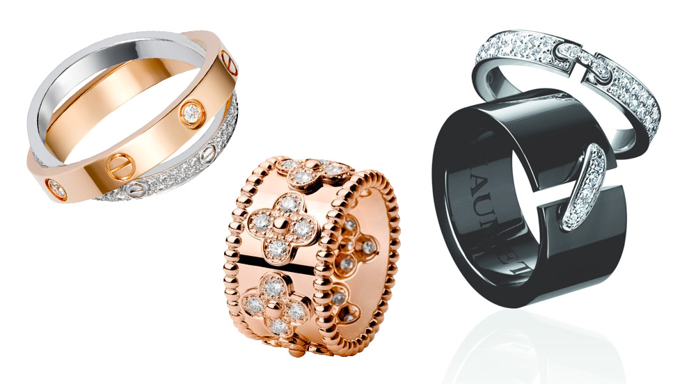 From left to right: Cartier Love rings in white and rose gold; Van Cleef&Arpels Alhambra band ring in rose gold; Chaumet Liens rings in black ceramic and white gold with diamonds