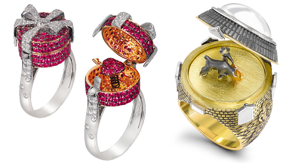 Слева: Кольцо Alessio Boschi из коллекции Surprise Me из белого золота с рубинами и бриллиантами; Справа: открывающееся кольцо Theo Fennell из желтого и белого золота