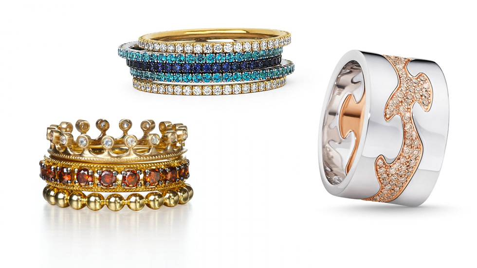 Left to right: Annoushka stacking rings in yellow gold, Martin Katz stacking bands with sapphires, diamonds and paraiba tourmalines, Georg Jensen stacking rings in white and rose gold with diamonds