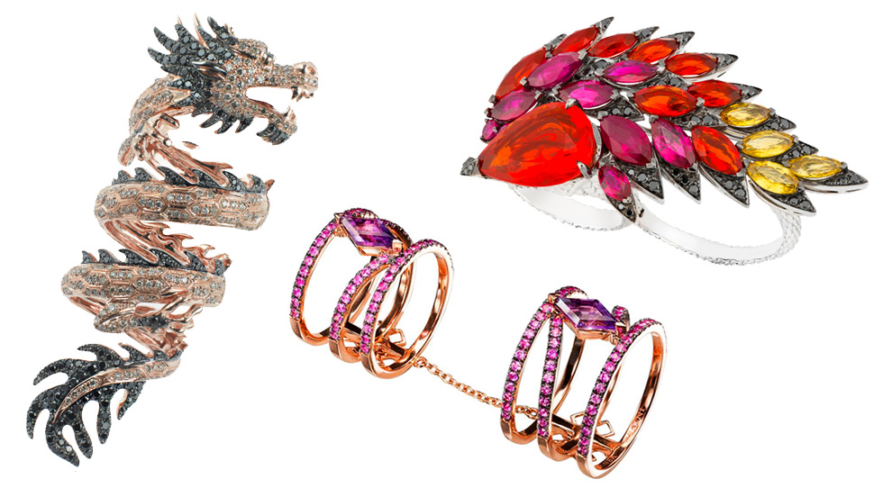From left to right: Elise Dray Dragon full-finger ring in rose gold with black diamonds; Dionea Orcini Linee Misteriose double cage ring with pink sapphires and amethysts; Stephen Webster Magnipheasant two-finger ring