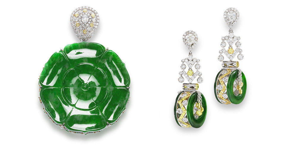 A jadeite, diamond and coloured diamond pendant and earrings suite with double-sided openwork. Jadeite plaques on the pendant are of intense green colour, each carved as a lotus. The pair of earrings en suite features jadeite white and yellow tint diamonds. Natural colour fei cui (jadeite jade) have no resin detected. Est. $ 10,000 – $ 15,000