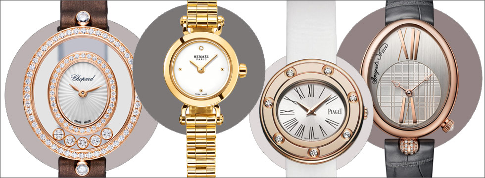From left to right: Chopard Happy Diamonds Icon watch in rose gold with diamonds; Hermes Faubourg watch in yellow gold; Piaget Possession watch in rose gold with diamonds; Breguet Reine De Naples watch in rose gold and diamonds