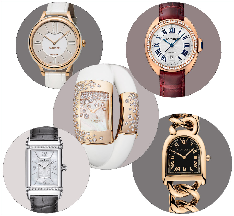 Top to bottom left to right: Fabergé Lady Fabergé 36mm watch in rose gold; Clé de Cartier watch in rose gold and diamonds; de Grisogono Lovivi rose gold watch with diamonds and fossilised mammoth ivory; Jaeger LeCoultre Grande Reverso Lady Ultra Thin Duetto Duo watch in white gold with diamonds; Ralph Lauren Petite Link model in gold with black dial