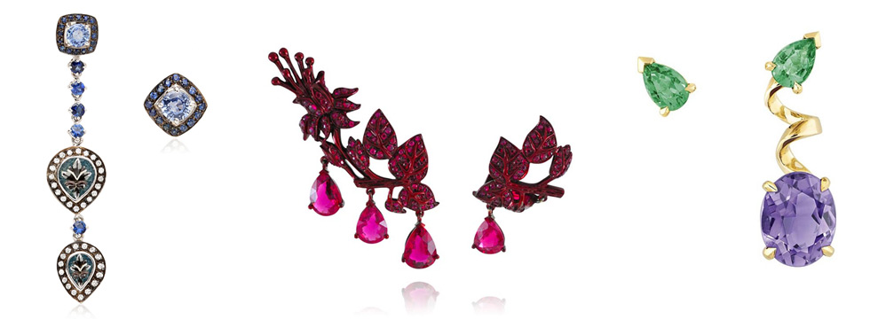 From left to right: Le Sibille Earrings with micromosaic and sapphires, Lydia Courteille The Scarlette Empress earrings, Dior Joaillerie Diorama earrings