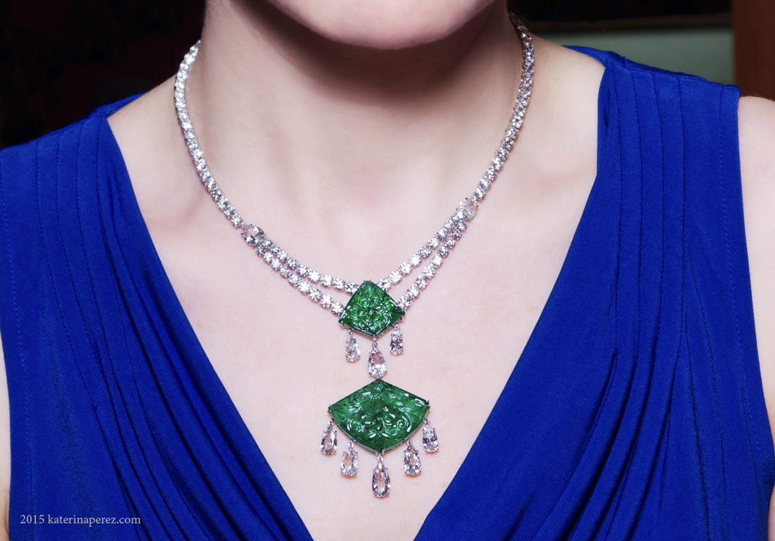 Bayco Moghul collection necklace with carved emeralds totalling 58cts and 112 diamond totalling 34 cts