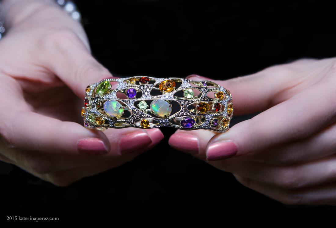Dabakarov gold bracelet with white and cognac diamonds, topaz, peridots, opals, citrines, amethysts and garnets