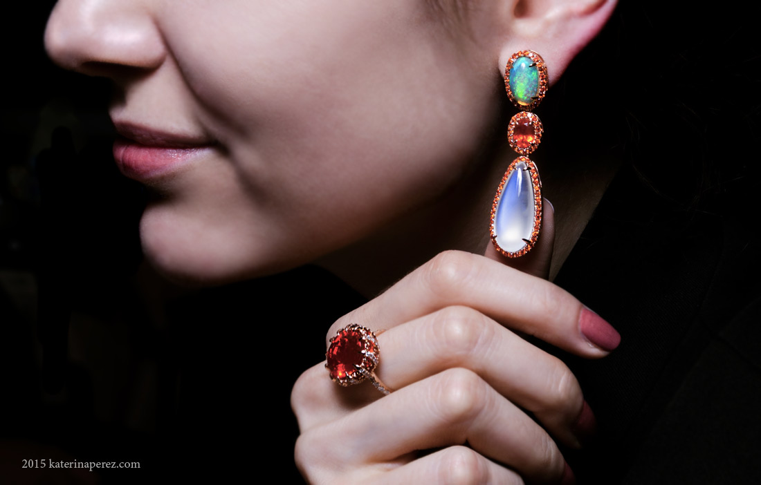 Yael earrings from Lyra collection with 1.71 cts fire opals, 23.50 cts moonstones and 4.74 cts moonstones