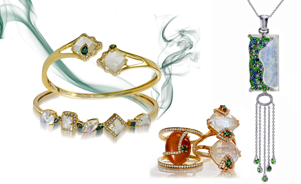 From left to right: Bangles with moonstones, alexandrites and diamonds; a ring with orange moonstone and a ring with a moonstone embellished with alexandrites and diamonds; Confetti necklace with a moonstone, tsavorites and sapphires