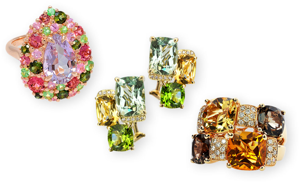 From left to right: Emotion ring with Rose de France, pink tourmalines, green tourmalines, tsavorites and pink sapphires set in rose gold; Mondrian earrings in yellow gold with pink quartz, citrines, peridots and diamonds; Pavés de Paris (Cobble Stones of Paris) ring in yellow gold with citrines, smoky quartz and diamonds