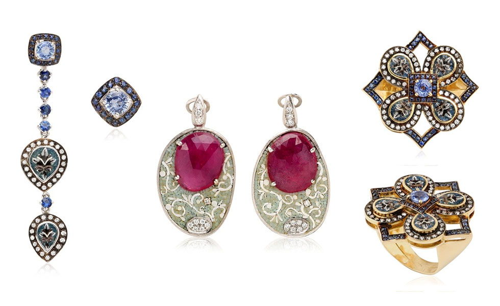 From left to right: Tabriz earrings with blue sapphires and diamonds; Micromosaic earrings with rubies and diamonds; Tabriz miscromosaic ring with sapphires and diamonds