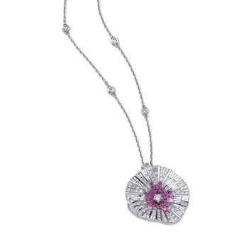 'Belle' pendant with colourless diamond and pink sapphire in 18k white gold