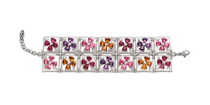 ‘Pop Flowers’ bracelet from Bulgari Wild Pop high jewellery collection 2018 in white gold with mother of pearl, 28 rubellites and pink tourmalines, 12 amethysts and 16 citrines and diamond pavé