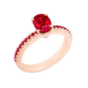 'Three Colours of Love' ring with 2.30ct ruby and accenting rubies and diamond in rose gold