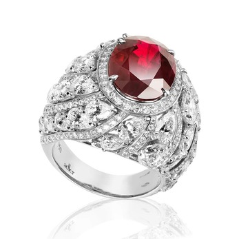 'Palais des Vents' ring with oval ruby and diamonds in white gold