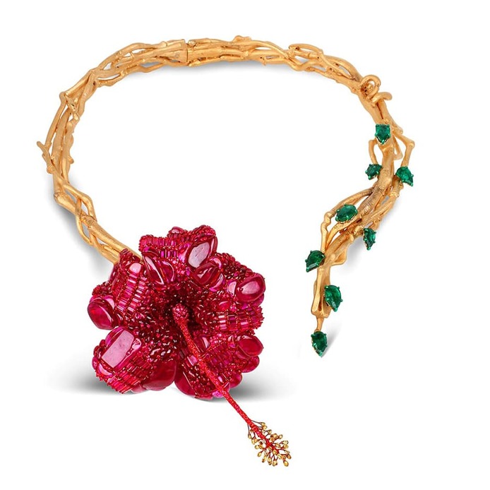 'Hibiscus' necklace with rubies and emeralds in yellow gold