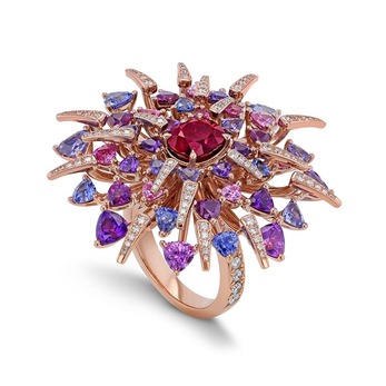 'Red Dahlia' ring with oval cut 2.18ct Burmese ruby, trillion cut sapphires and brilliant cut diamonds in rose gold