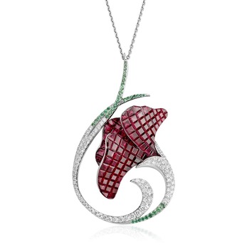 'Floral' collection pendant with rubies, diamonds and emeralds in white gold