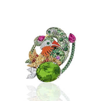 ‘Mandarin Oriental Ducks’ brooch with peridot, carved pink coral, rubies, yellow, orange and violet sapphires in yellow gold
