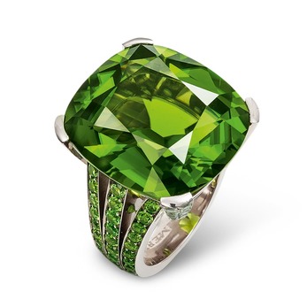 Ring with peridot and demantoid garnets in white gold