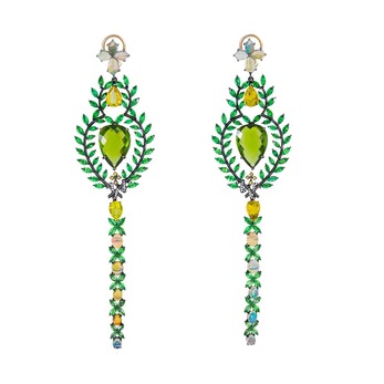 'Queen of Sheba' earrings with peridot, diamonds, yellow sapphires, tsavorites, opals and tourmaline in black rhodium plated gold