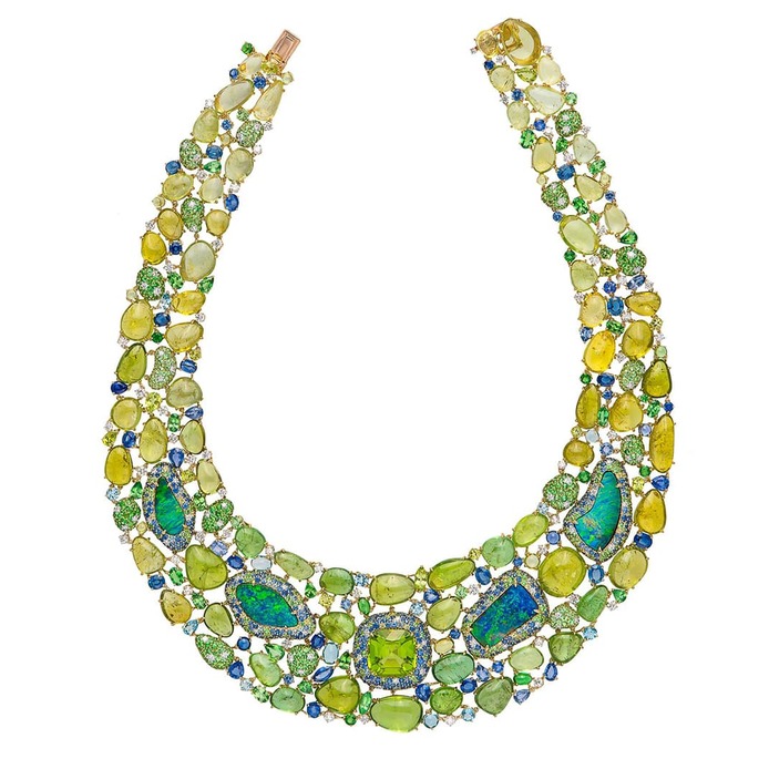 Necklace with peridot, black opal, tourmalines, sapphires, diamonds and tsavorites in yellow gold