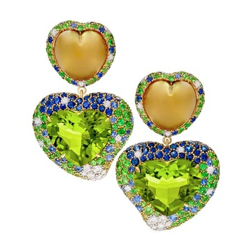 'Hearts Desire' earrings with peridot, South Sea pearls, diamonds, sapphires and tsavorites in yellow gold