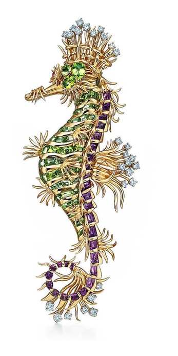 'Seahorse' brooch with peridot, amethysts and diamonds in yellow gold