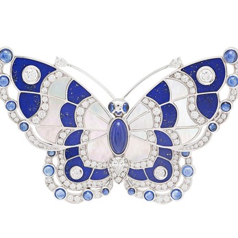 'Pavonia' brooch with lapis lazuli, mother of pearl, sapphires and diamonds in white gold