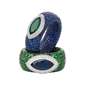 Rings with sapphires, emeralds and diamonds