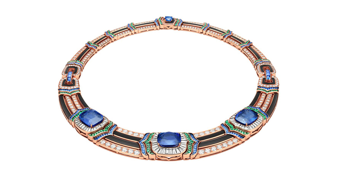 Necklace with sapphires, diamonds, onyx and emeralds